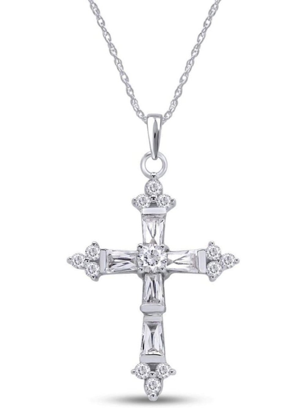 Elegant Cross Pendant Necklace for Women | Baguette & Round White CZ Accents